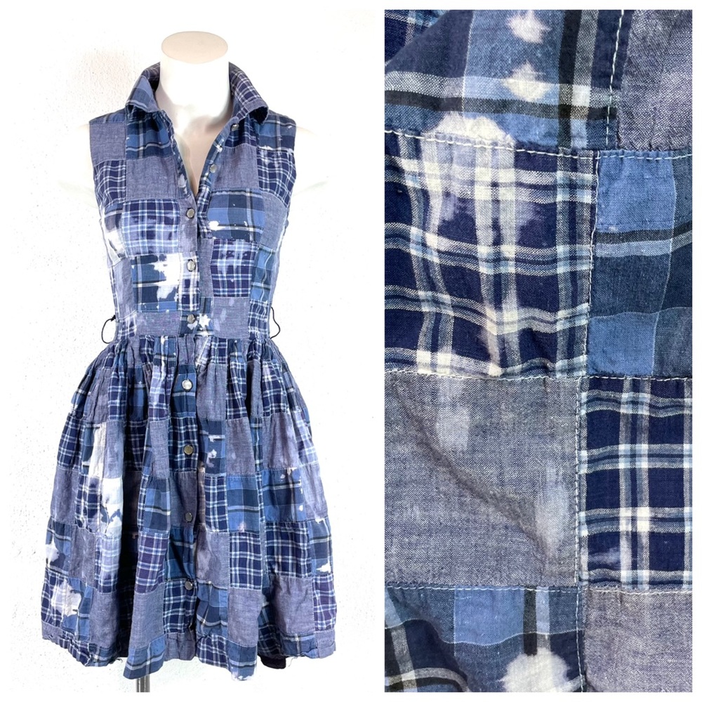 VTG 90s Patchwork Chambray Plaid Sleeveless Fit and Flare Mini Shirtdress, 4